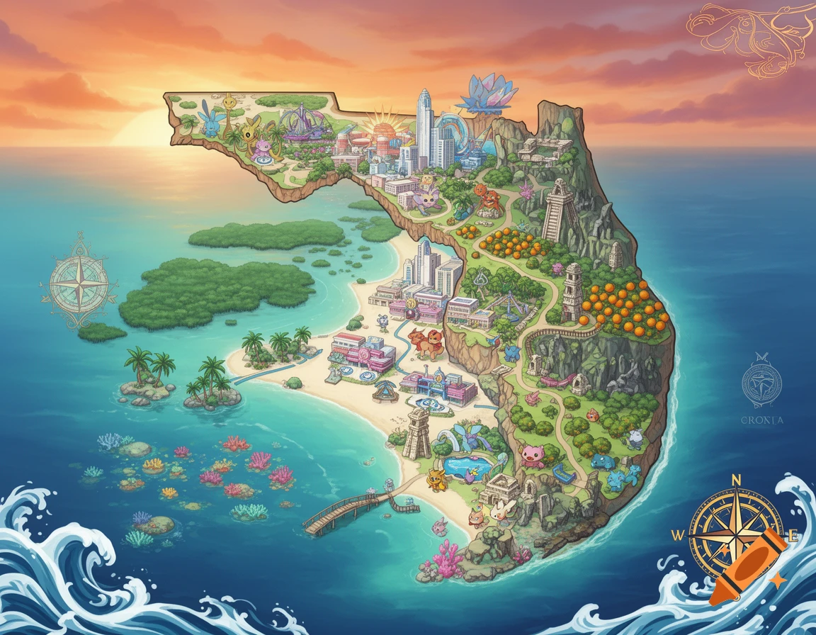 An illustrated map of Florida designed in the style of a Pokemon region, featuring various cities, beaches, and Pokemon.