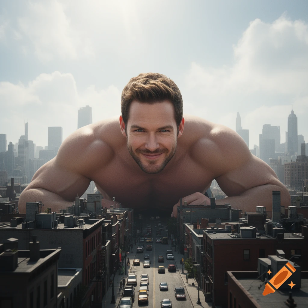 Photorealistic image of a giant shirtless man lying down in a city street, smiling down at tiny buildings.