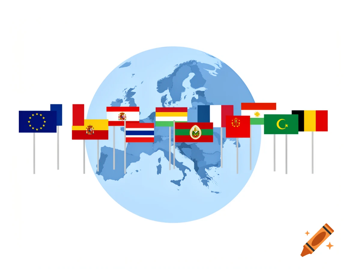 A stylized flat illustration of a light blue map of Europe with various national flags on poles lined up horizontally across the center.