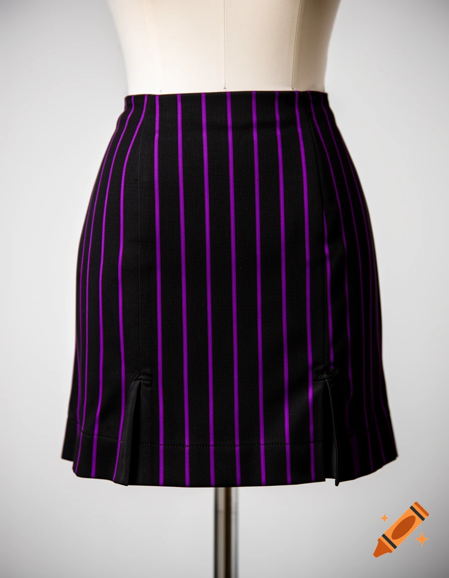 A black mini skirt with vertical purple stripes displayed on a mannequin torso.