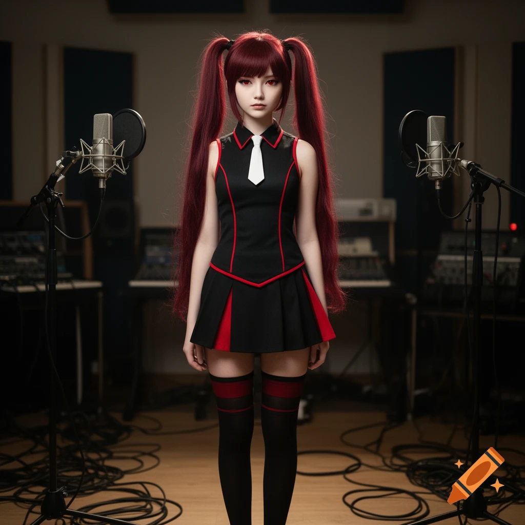Photorealistic cosplay of a character with long red twin-tails, red eyes, and a black and red uniform standing in a recording studio.