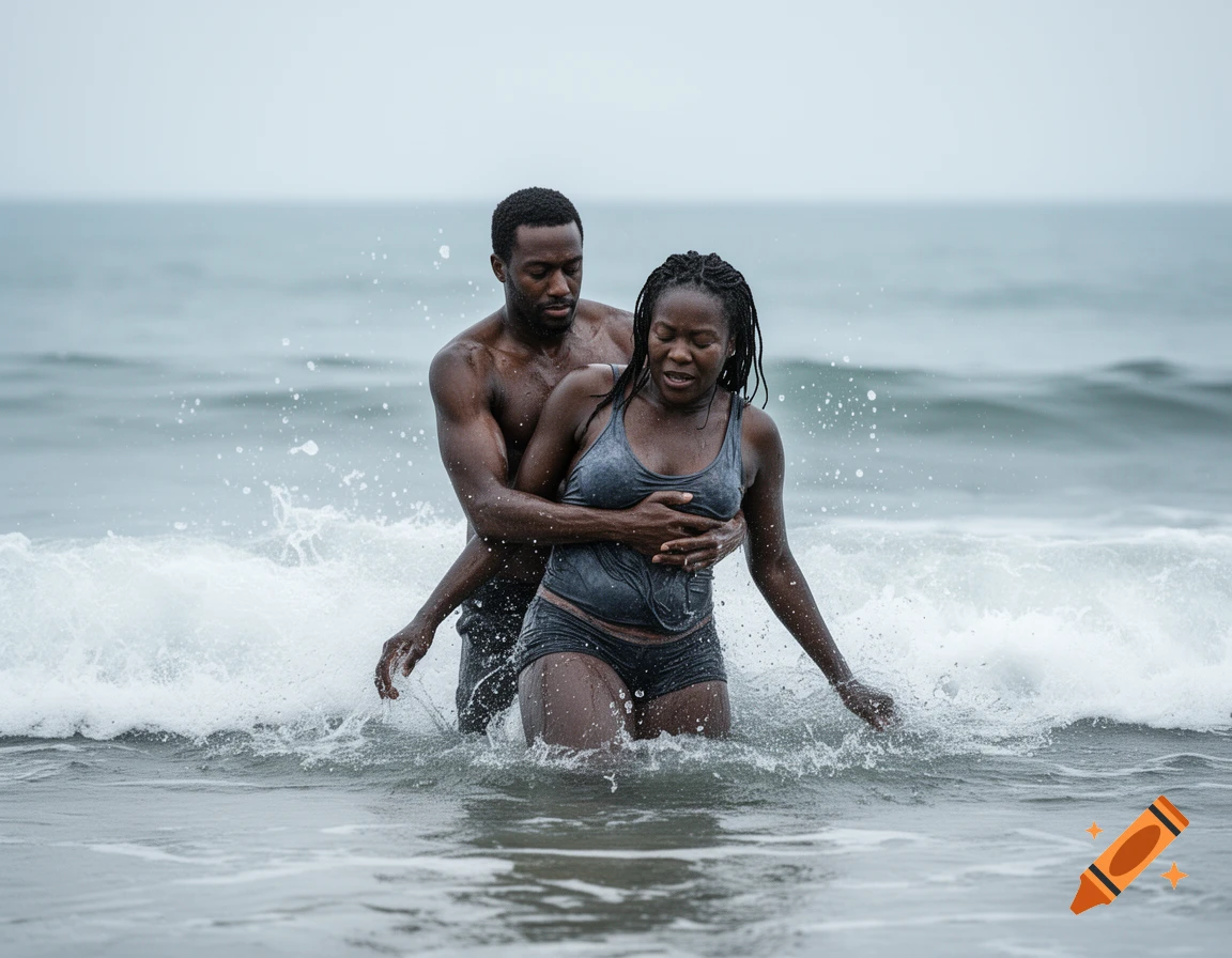 A man supporting a woman in the ocean amidst splashing waves, photorealistic style.