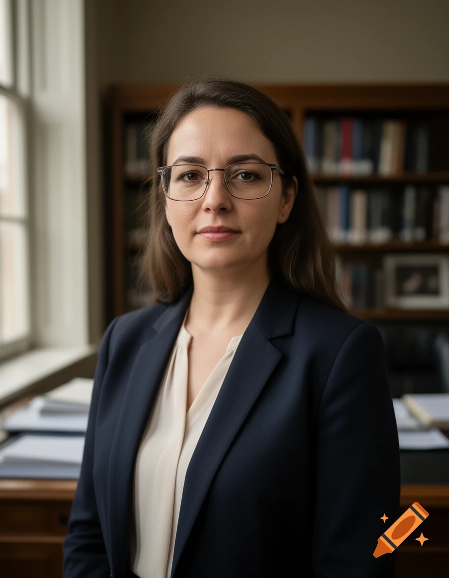 Photorealistic portrait of a female academic with glasses wearing a navy blue blazer in front of a bookshelf.