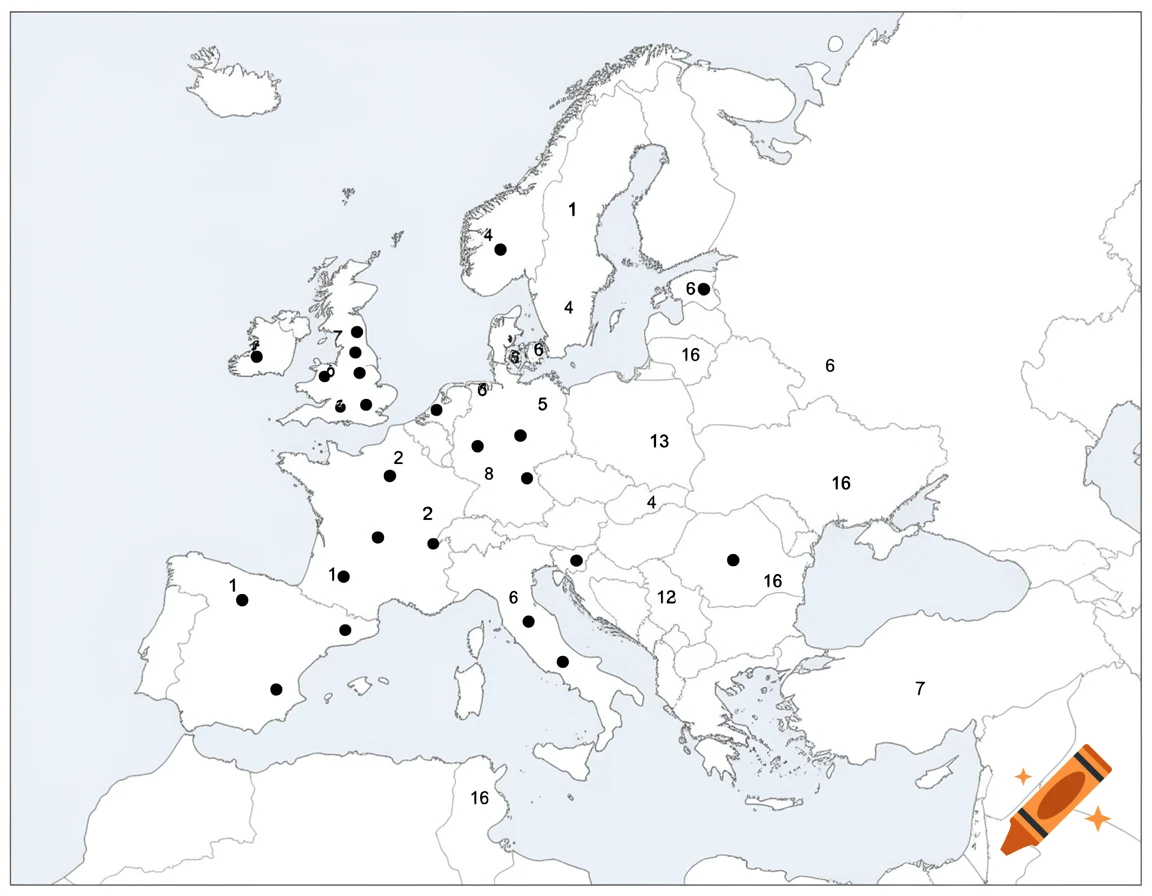 Blank map of Europe with numbered black dots representing locations for an exercise.