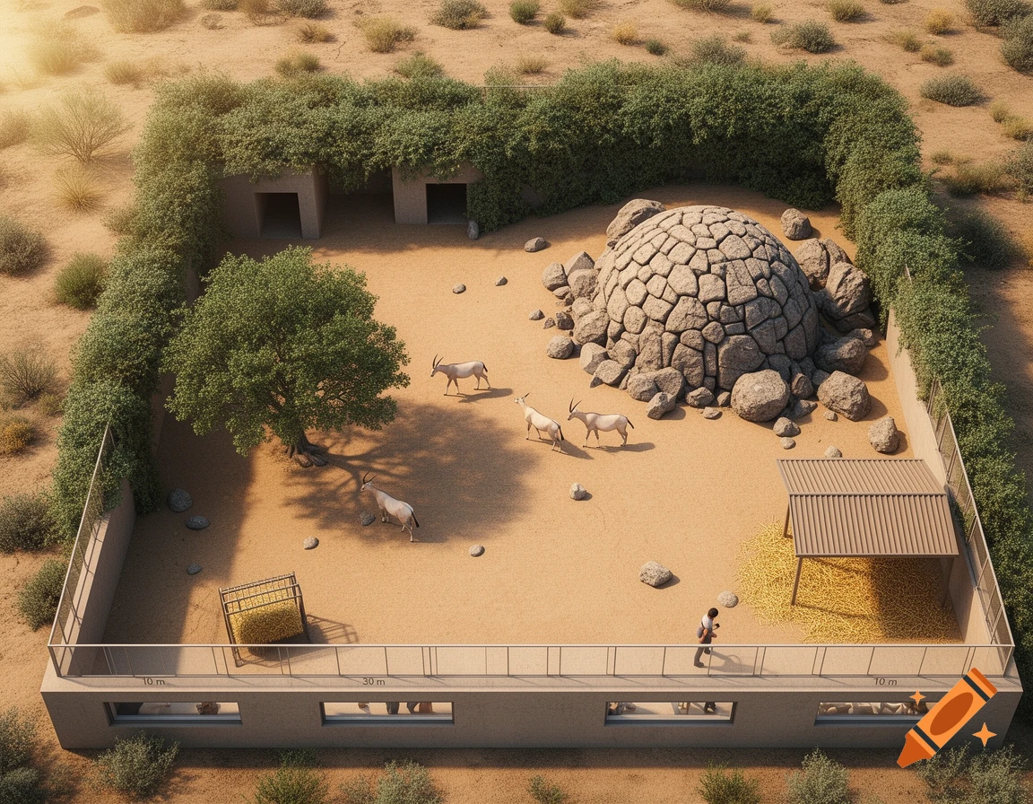 High angle photorealistic view of an addax enclosure in a desert setting with a stone shelter, tree, and viewing area.