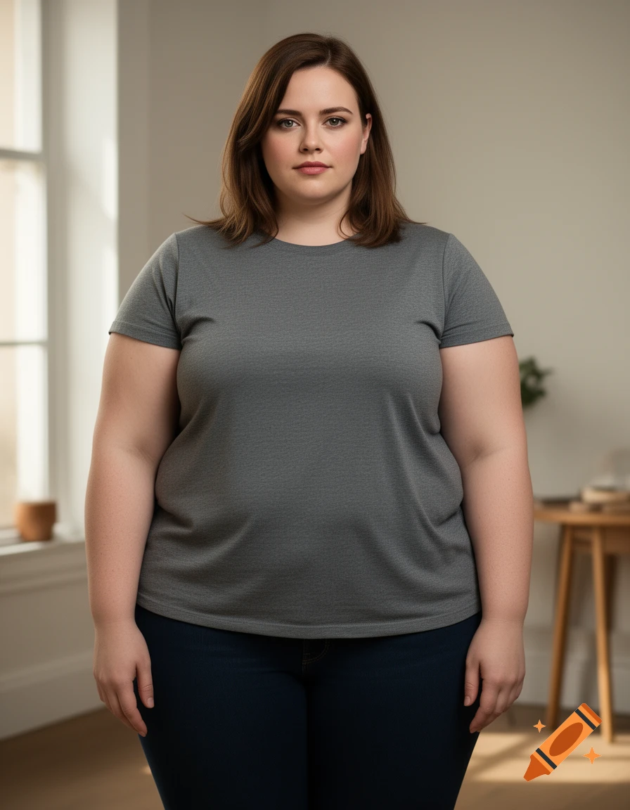 Photorealistic portrait of a woman with brown hair standing indoors wearing a grey t-shirt and blue jeans.