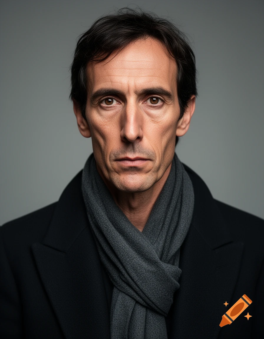 Photorealistic close-up portrait of a man with dark hair, sharp features, wearing a black coat and grey scarf.