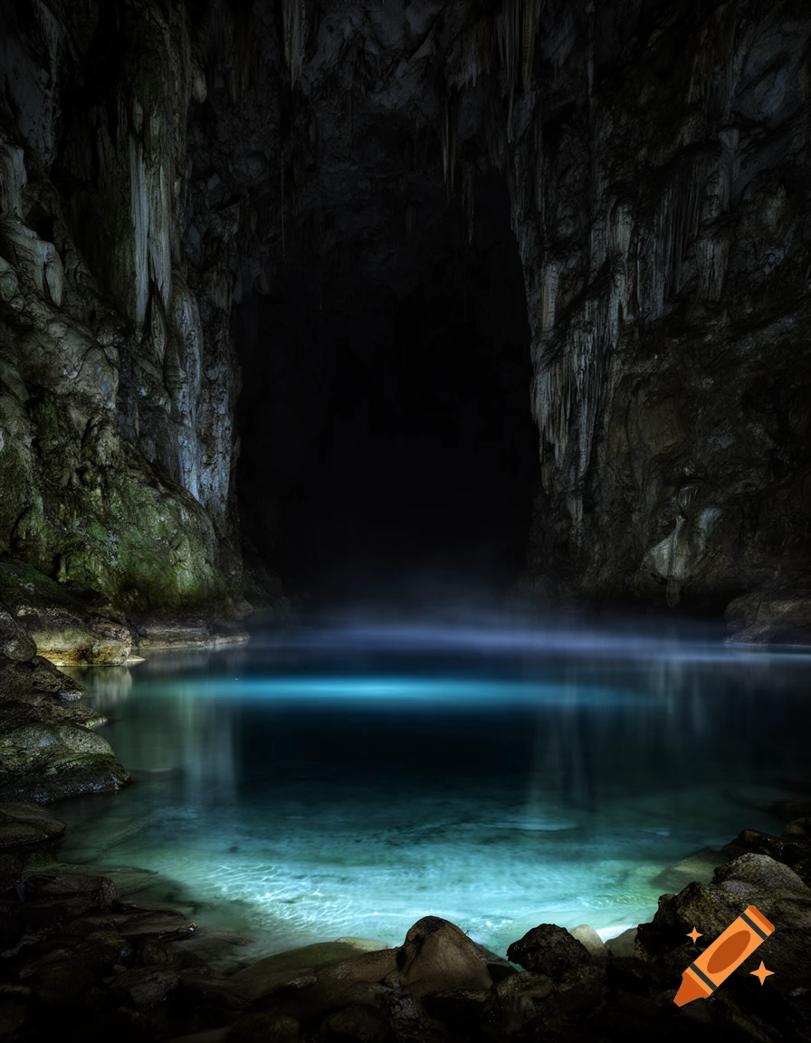 Photorealistic image of a dark cave with stalactites, featuring a pool of water illuminated with a bright blue light from underneath.