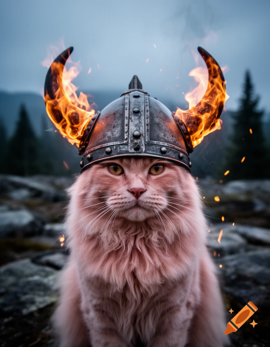 Photorealistic image of a pink cat wearing a Viking helmet with burning horns, set against a blurred forest and rocky background.