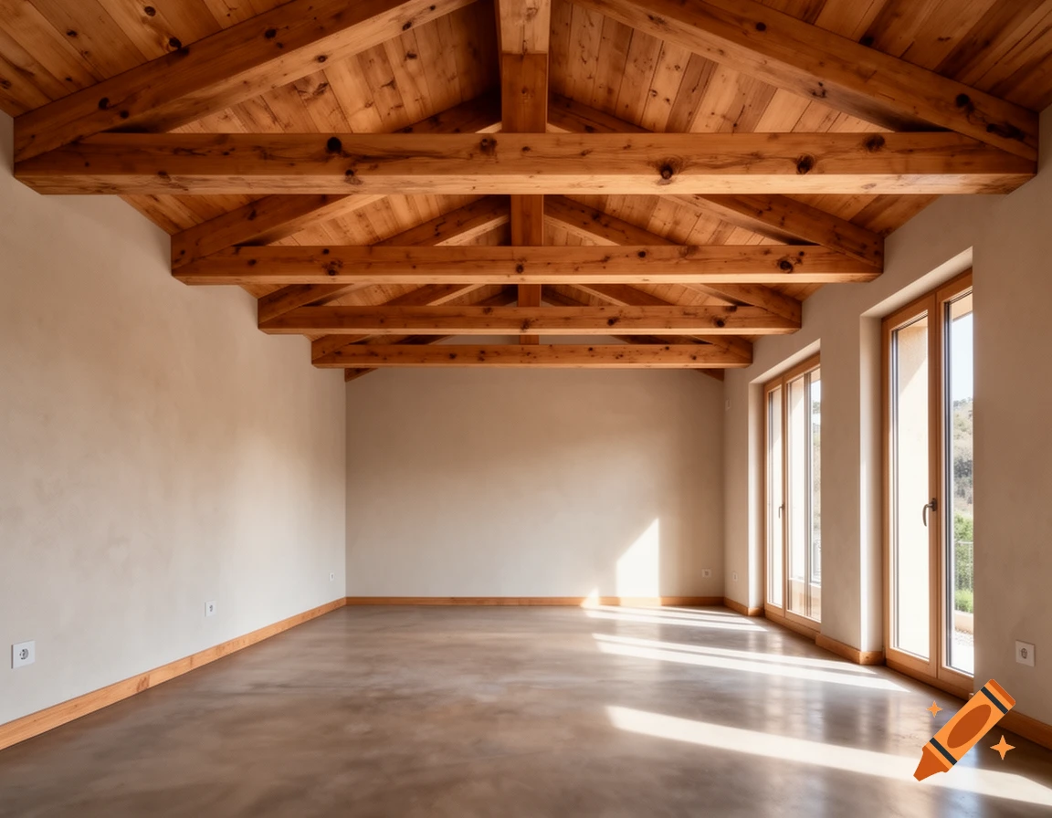 Photorealistic empty room with a concrete floor, light walls, and wooden beam ceiling.