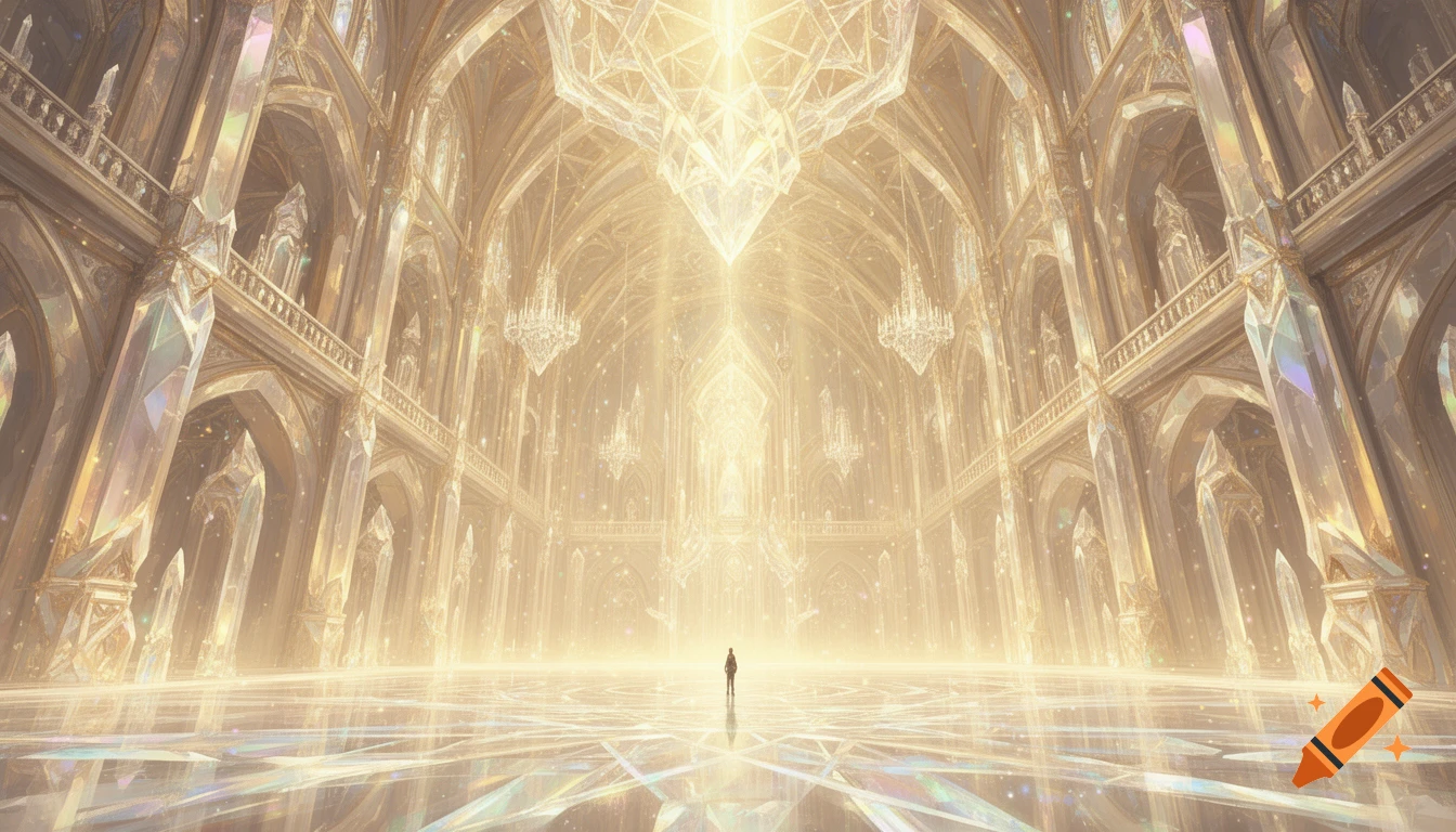 A tiny lone figure stands inside a vast, luminous crystalline palace filled with golden holy light.