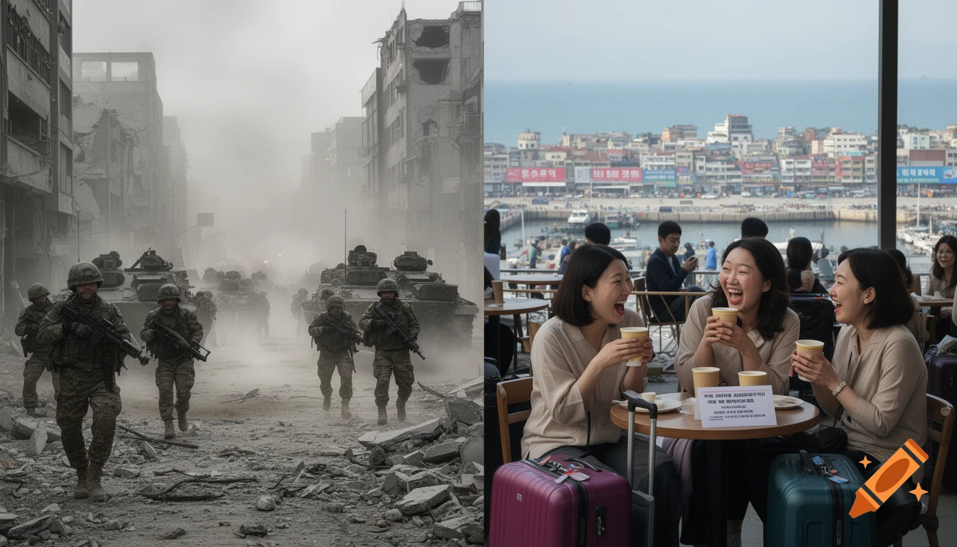 Split-screen photorealistic image showing destroyed war-torn buildings with soldiers on the left, and smiling women drinking coffee in a cafe on the right.