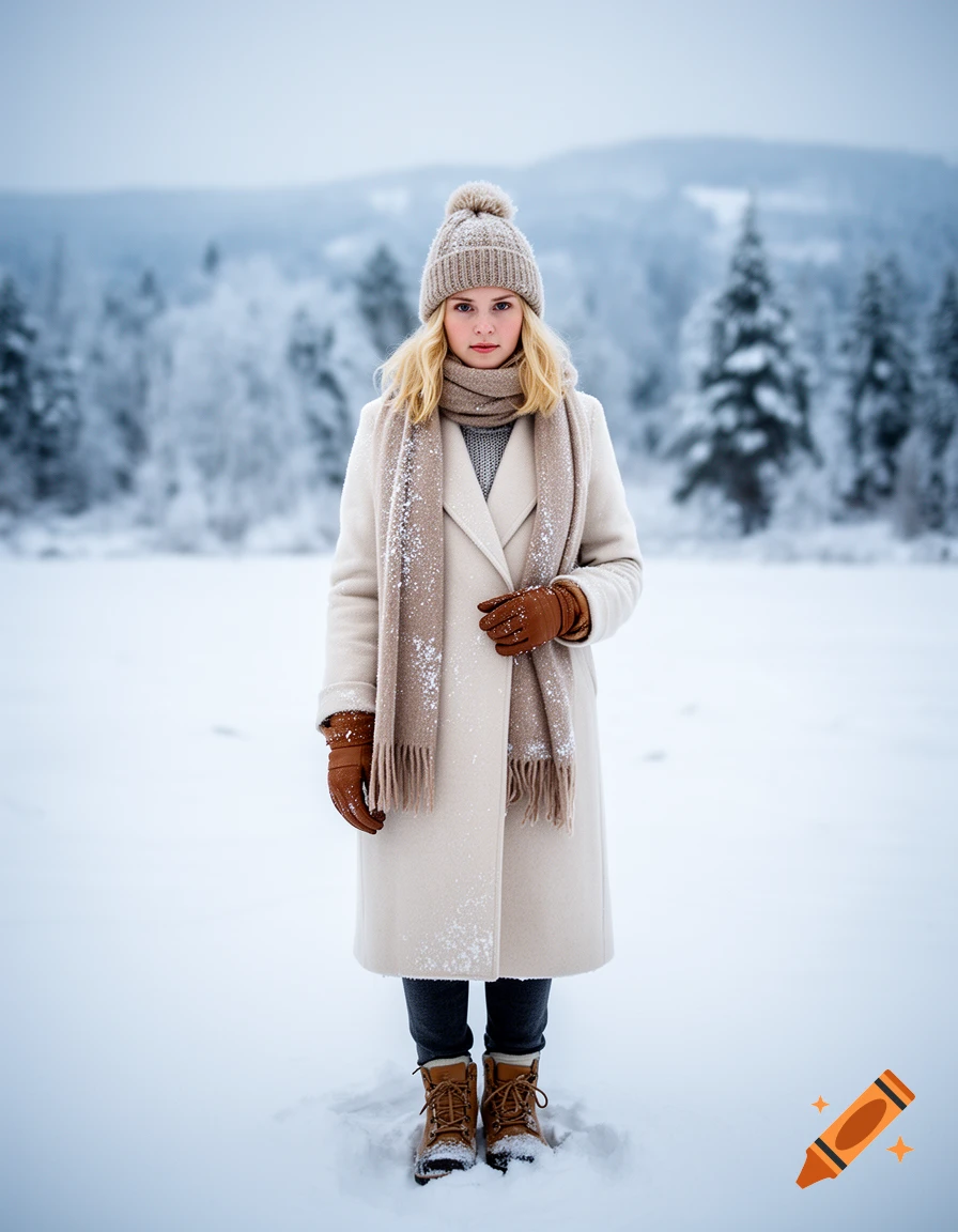 Photorealistic full-length portrait of a young blonde woman in a snowy forest wearing a winter coat, knit hat, and scarf.