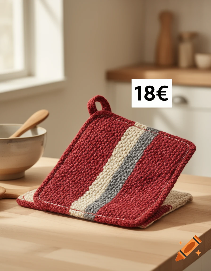 Photorealistic image of a red and beige crocheted potholder on a wooden kitchen table with a text overlay reading 18€.