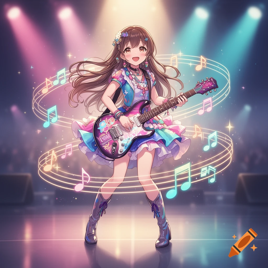 Anime girl in colorful stage outfit playing an electric guitar surrounded by glowing musical notes on a stage.