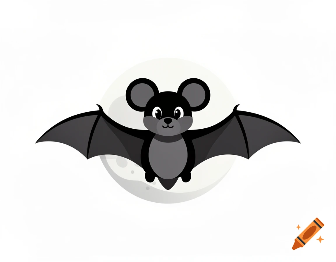 A cute black bat with round Mickey Mouse ears flying in front of a full moon, flat vector illustration style.