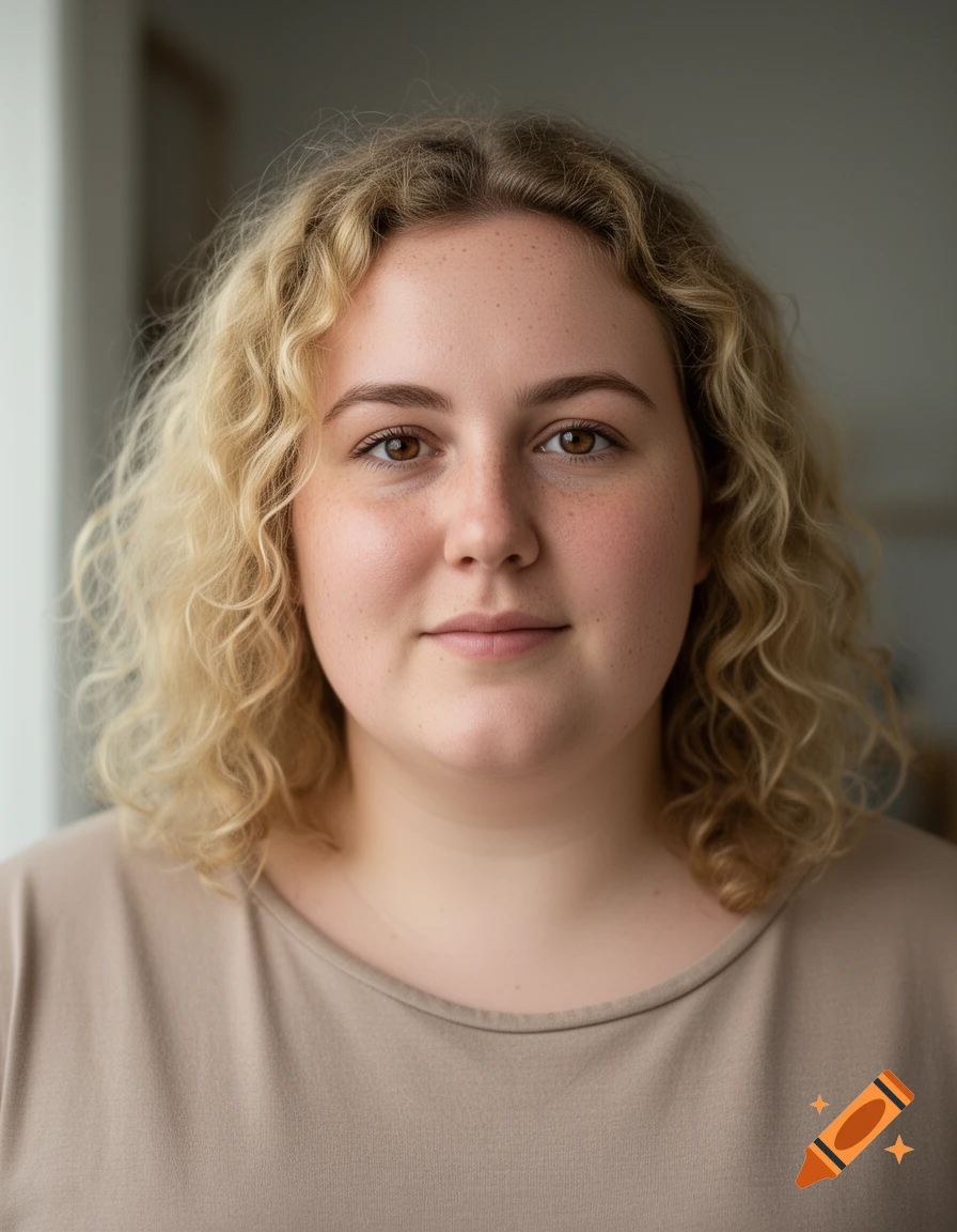 Photorealistic portrait of a young woman with curly blonde hair and brown eyes.