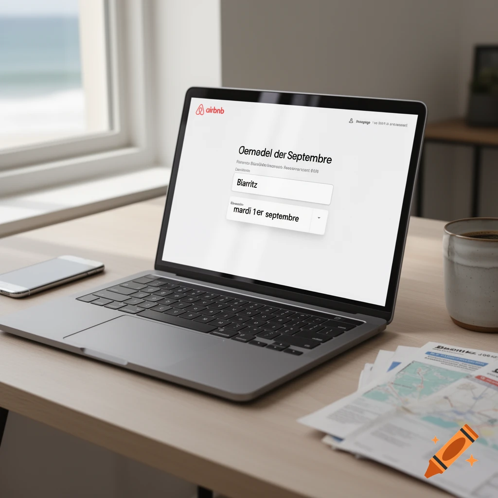Photorealistic shot of a laptop on a wooden desk displaying a booking website interface next to a smartphone and a coffee cup.