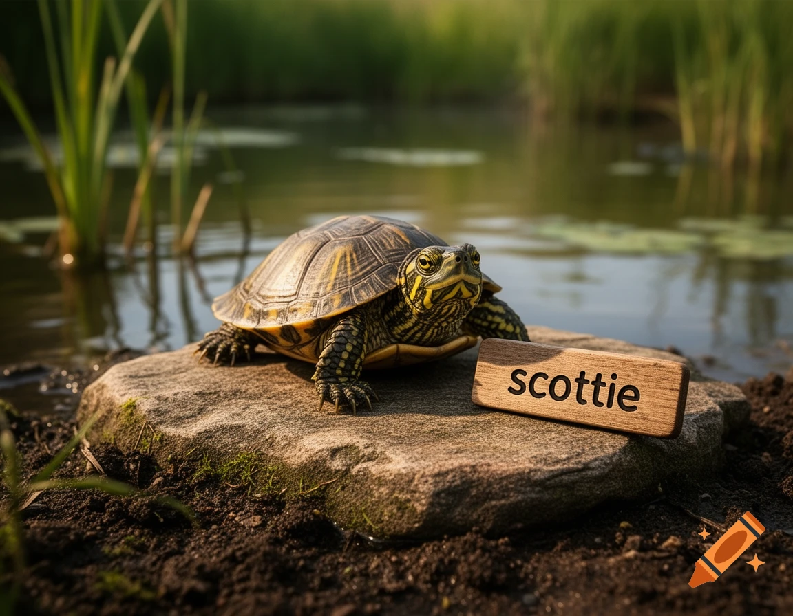 A photorealistic turtle rests on a mossy rock by a pond, next to a small wooden sign that reads "scottie".