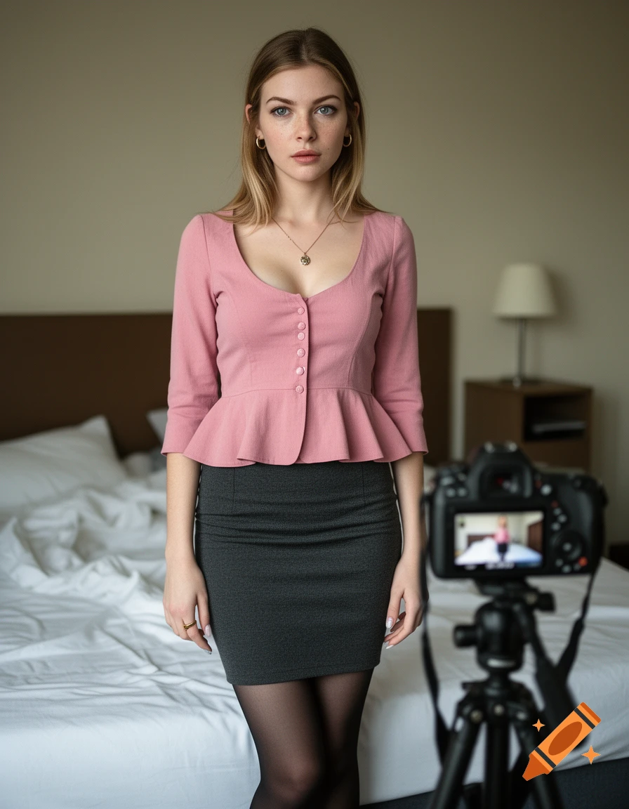 Photorealistic photo of a young woman in a pink peplum top and grey pencil skirt standing in a motel room, facing a camera on a tripod.