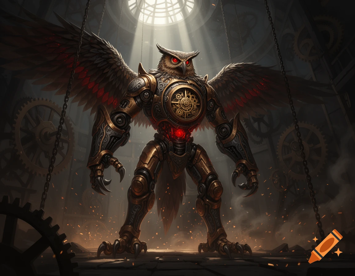 Steampunk robotic anthropomorphic owl with glowing red eyes standing in a mechanical factory with large gears.