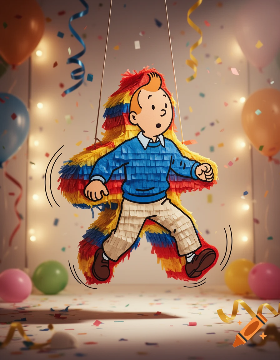 Illustration of Tintin as a colorful piñata suspended in a party setting with balloons and confetti.