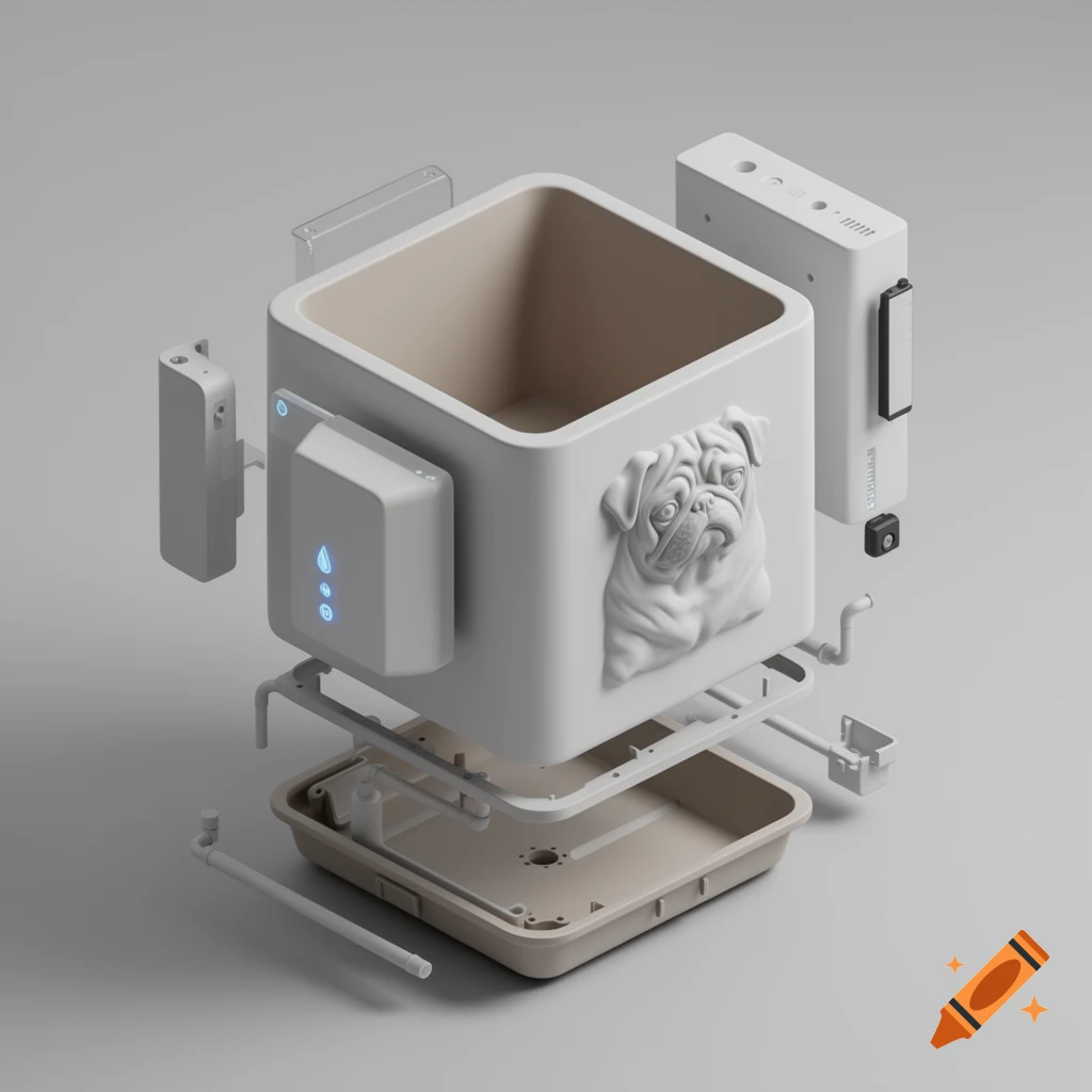 Isometric 3D render of a modular modern plant pot with a pug relief and smart water system parts separated.