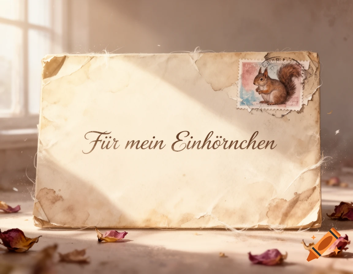 An old, vintage envelope with a squirrel stamp resting on a surface with scattered dried flower petals.
