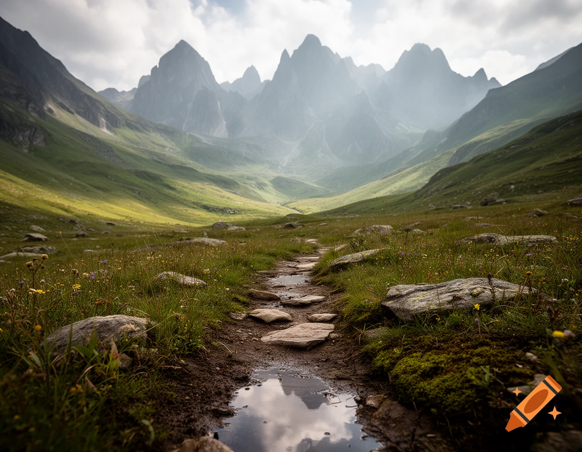 Photorealistic mountain landscape with a muddy trail and puddle in the foreground leading towards a grassy valley.