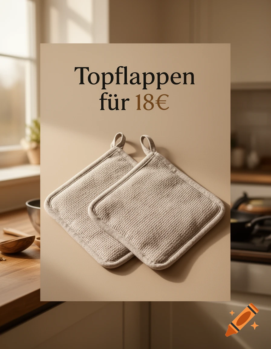 A poster with the German text 'Topflappen für 18€' displaying two beige pot holders in front of a kitchen background.