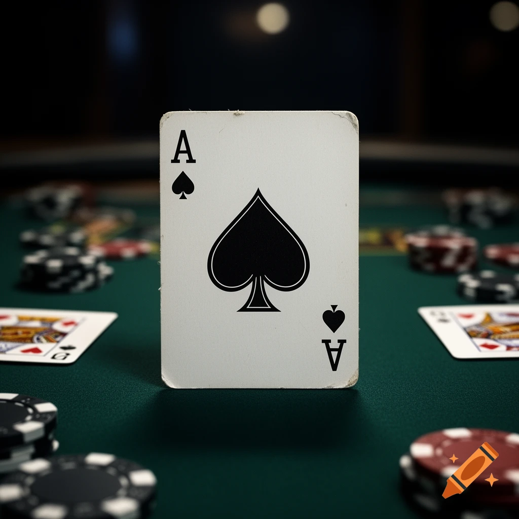Close-up photorealistic shot of an ace of spades playing card standing vertically on a green felt poker table surrounded by chips and other cards.