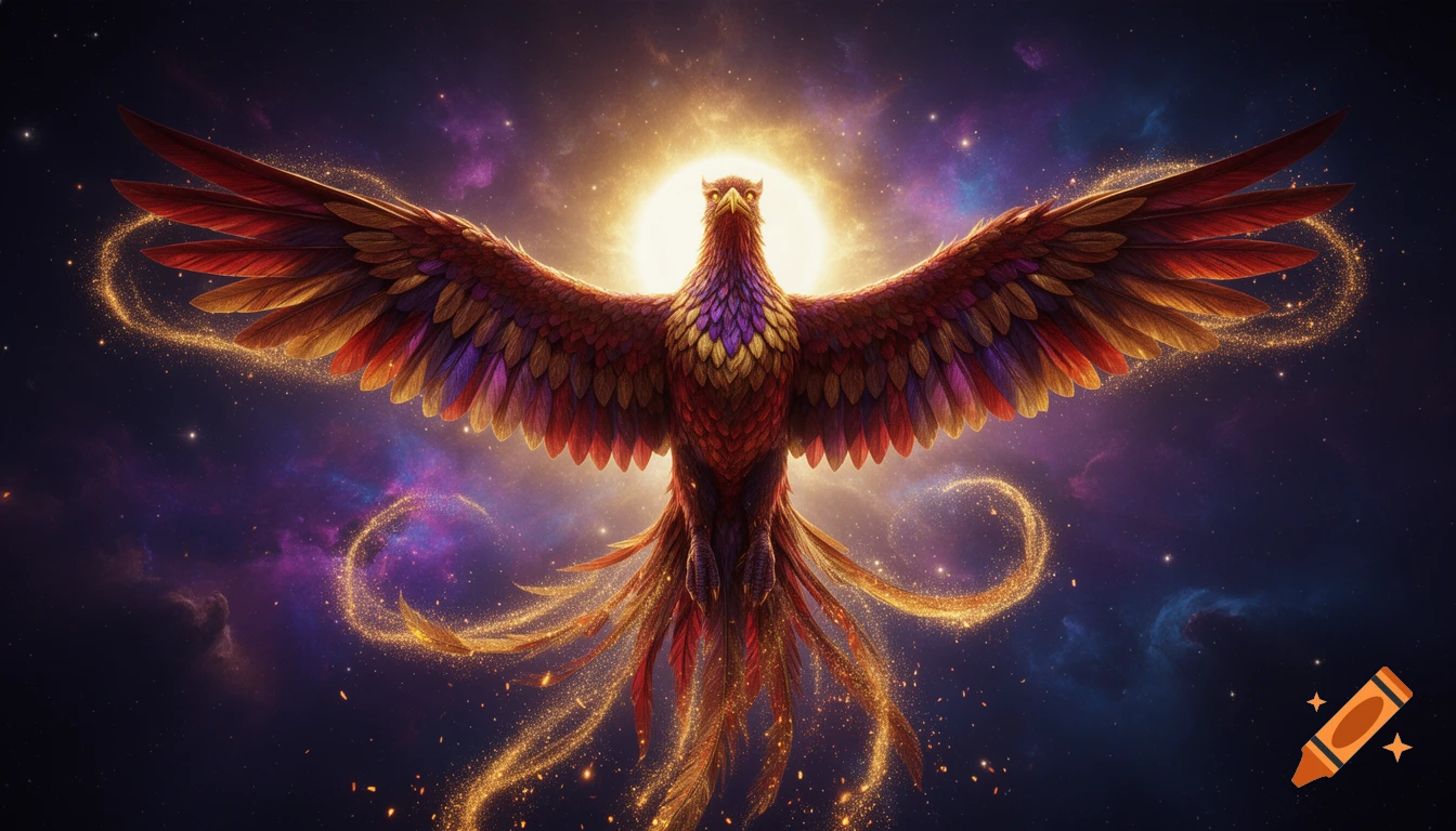 A majestic phoenix with iridescent plumage soaring upward through a cosmic space background with a bright star.