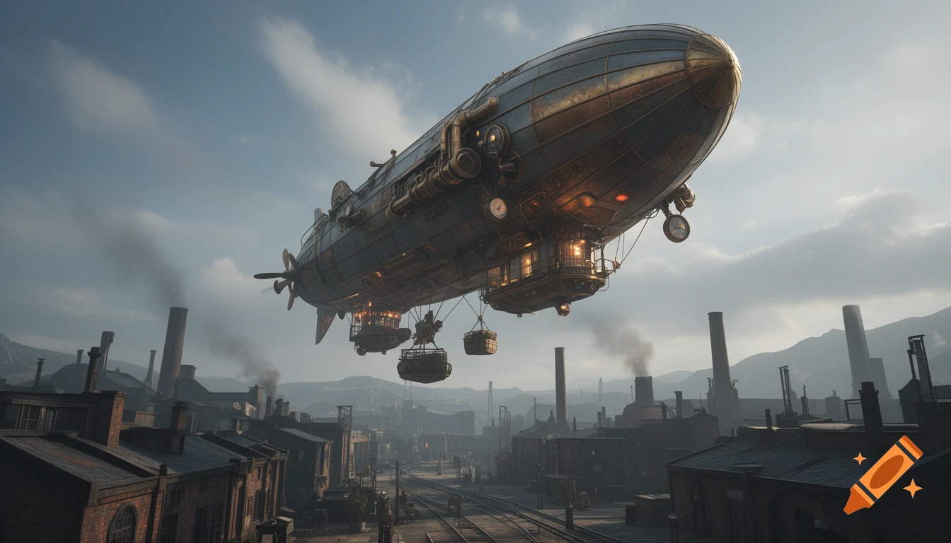 A giant steampunk zeppelin floats above an industrial cityscape with smoking chimneys, rendered in a realistic style.