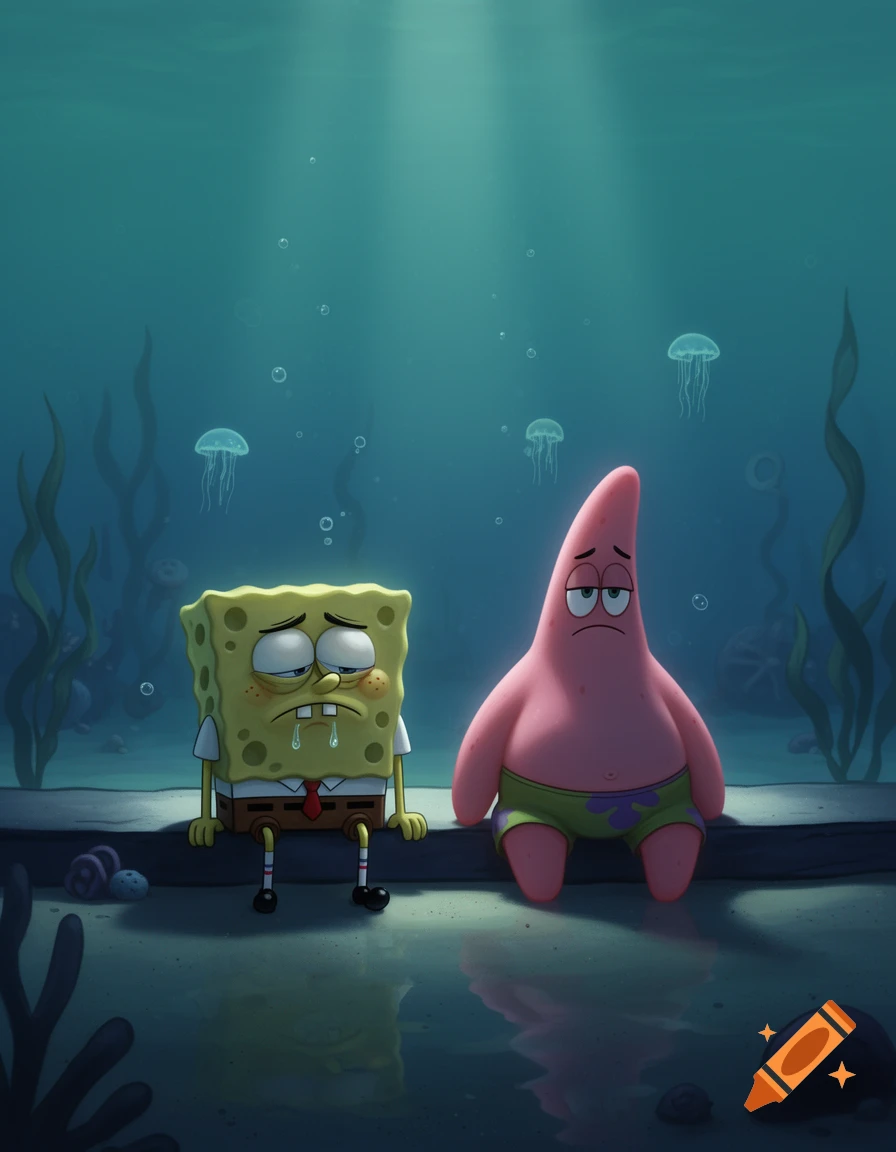 SpongeBob and Patrick looking sad and crying while sitting together underwater in a digital art style.