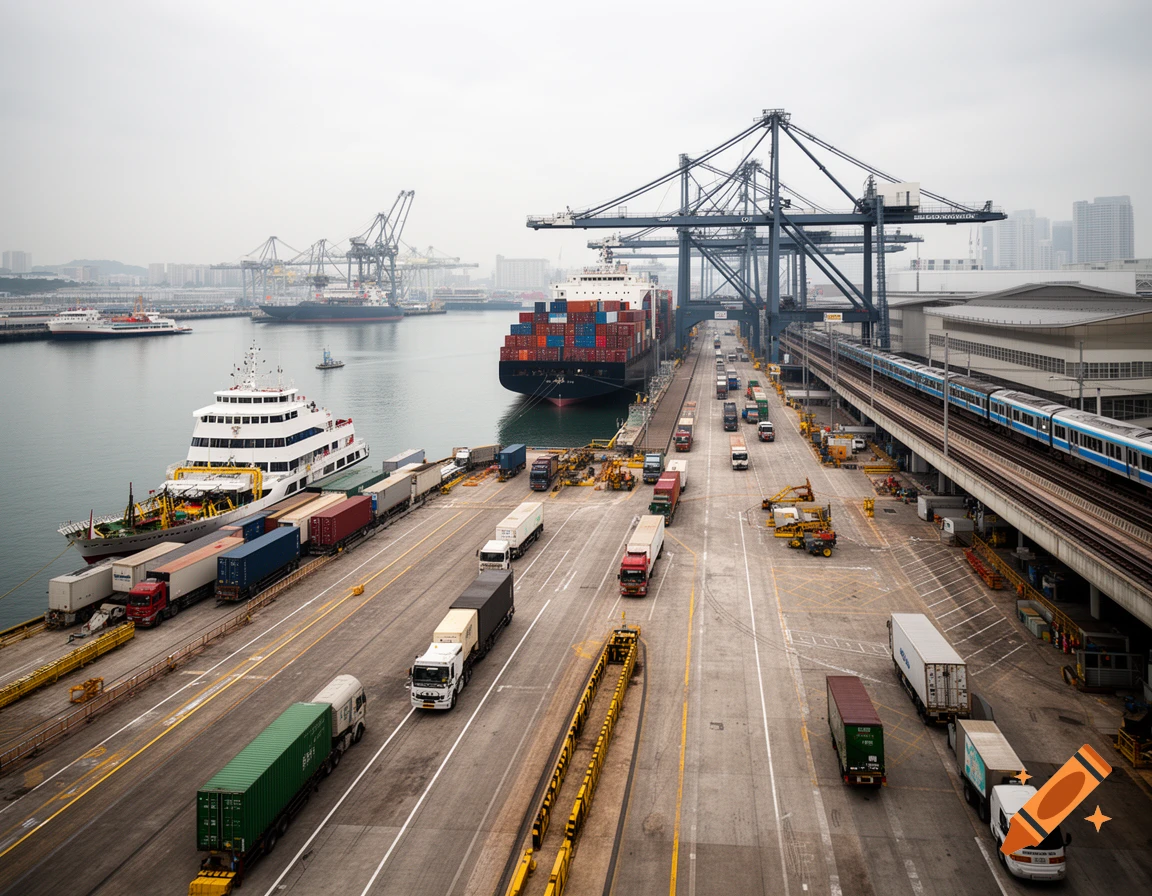 An aerial, photorealistic view of a busy port terminal with cargo ships, cranes, trucks, and a train.