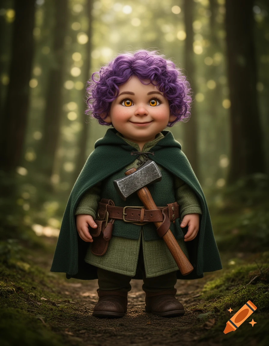 Photorealistic 3D render of a cute gnome woman with curly purple hair, honey eyes, and a forest green cloak in a forest.