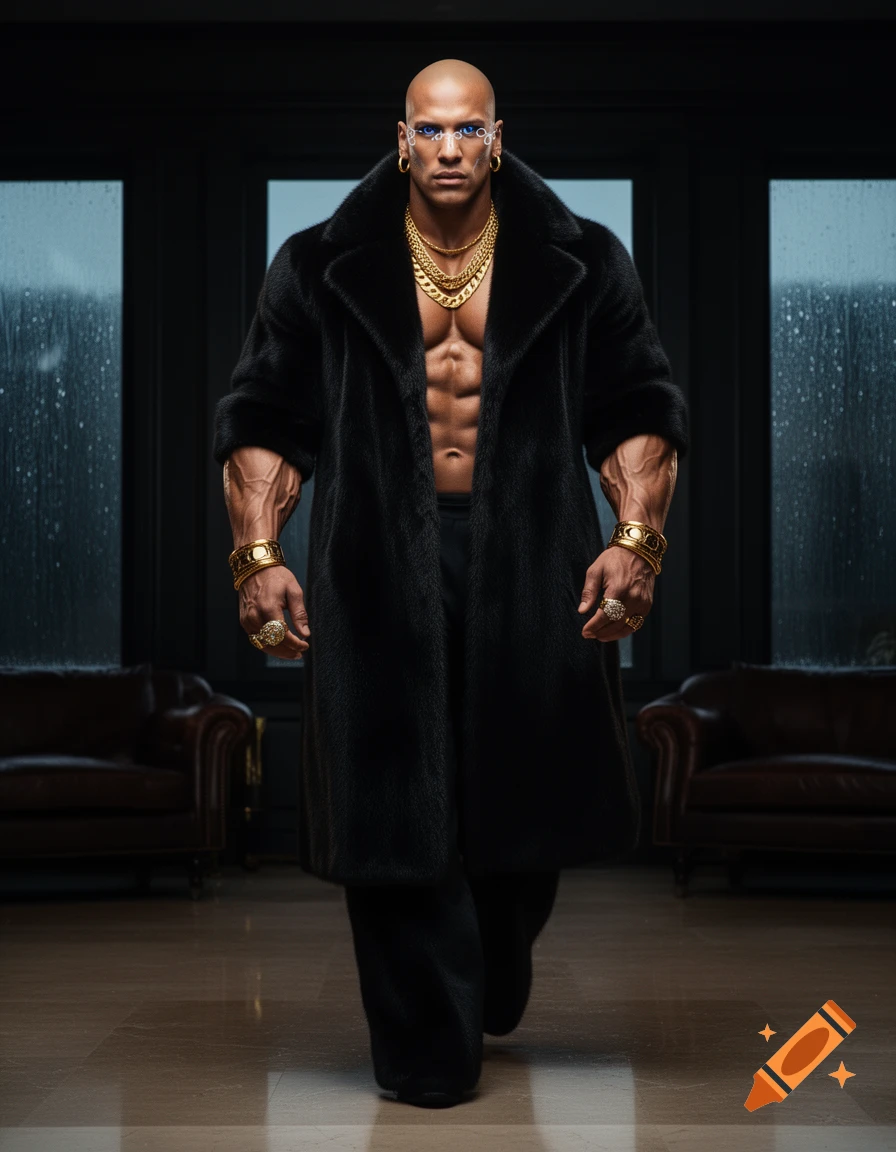 Photorealistic full-body portrait of a muscular bald man wearing a long black fur coat and heavy gold jewelry inside a modern room.