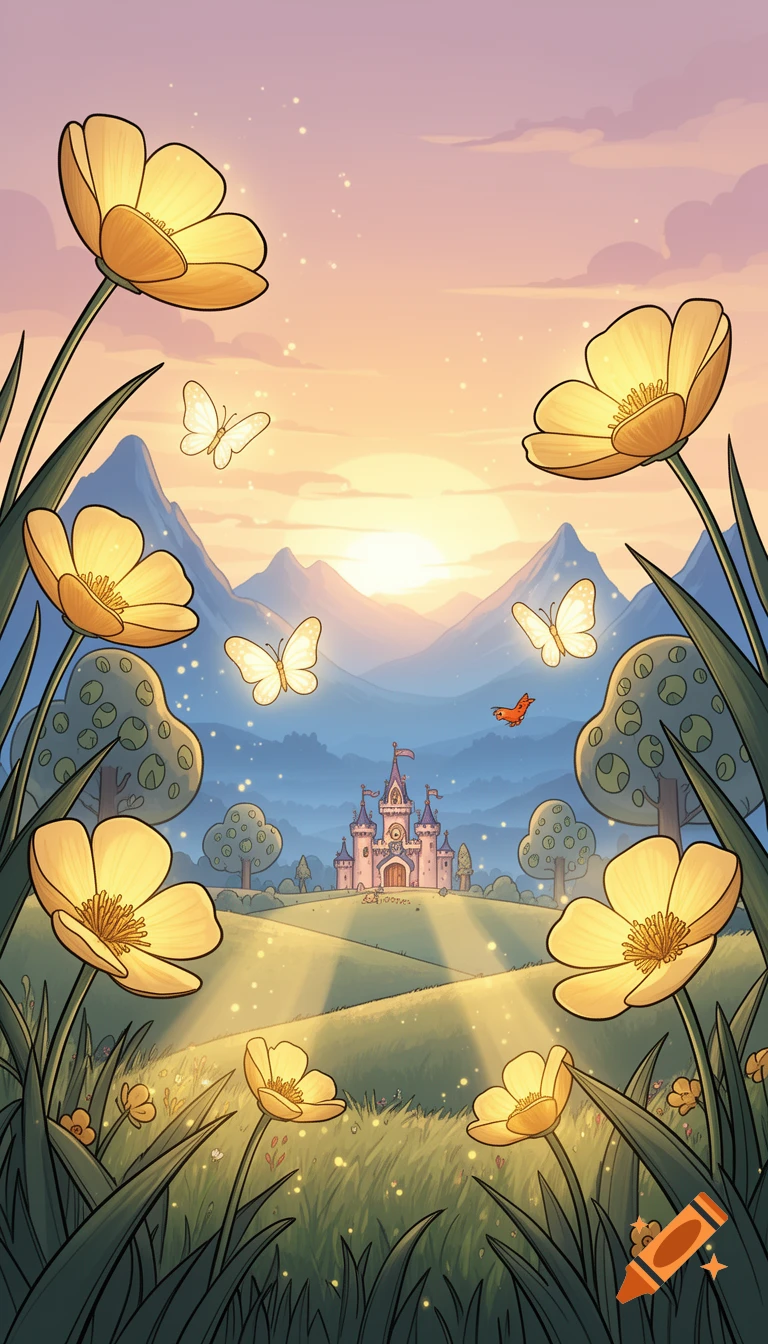 Digital cartoon illustration of a whimsical valley with oversized buttercup flowers, floating butterflies, and a distant fantasy castle.