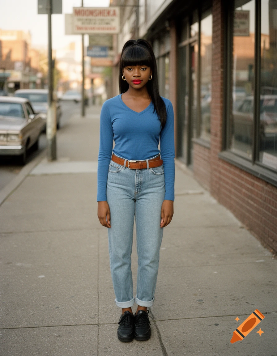 Full-body photograph of a young African American female standing on a city sidewalk wearing 1990s clothing.