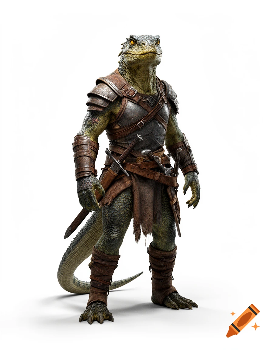 Photorealistic full-body portrait of a lizardfolk warrior in leather armor with a sword and tail, standing against a white background.