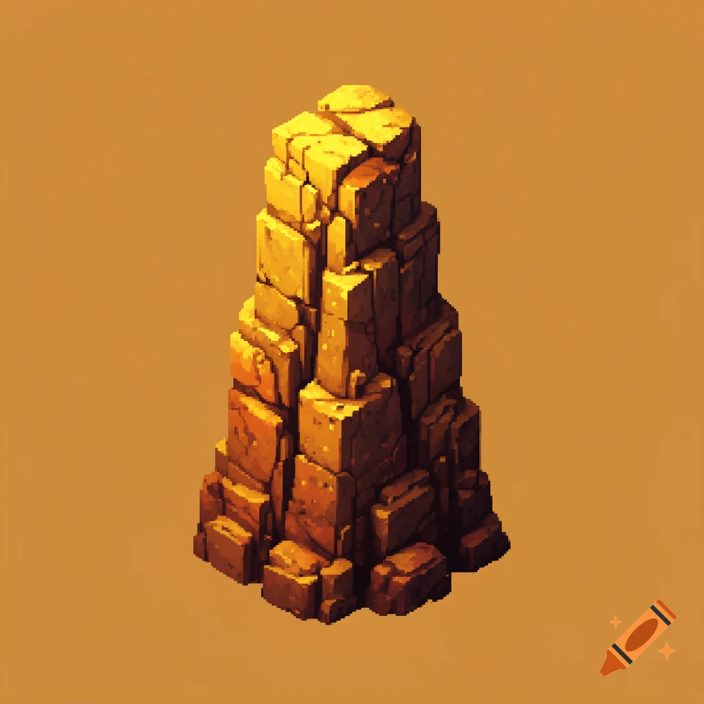 Pixel art of a yellow-brown rocky pillar in isometric perspective on a solid background.
