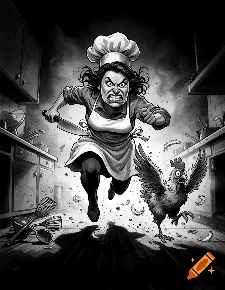 Black and white caricature of a furious female chef running with a knife, chasing a terrified chicken in a kitchen.