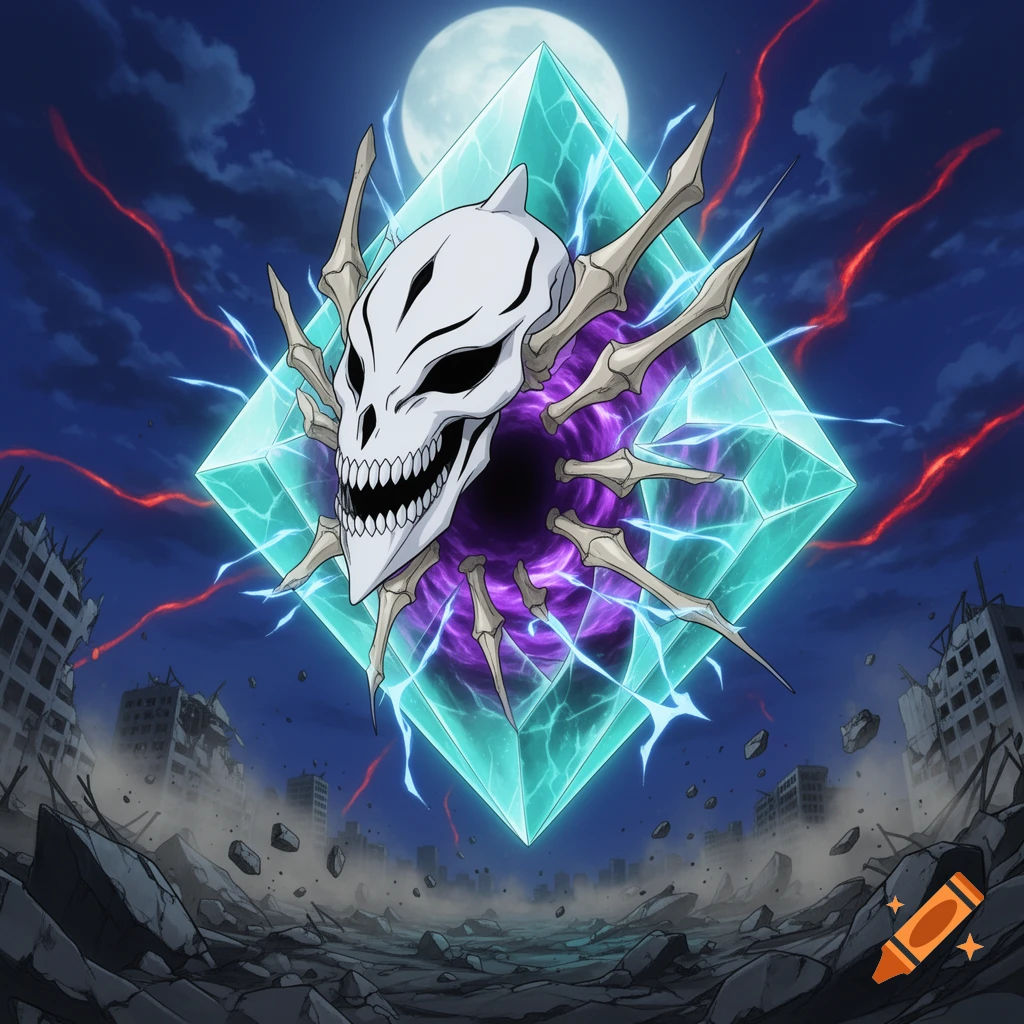 An anime style illustration of a geometric crystal floating above a ruined city, featuring a skull mask and purple energy portal.