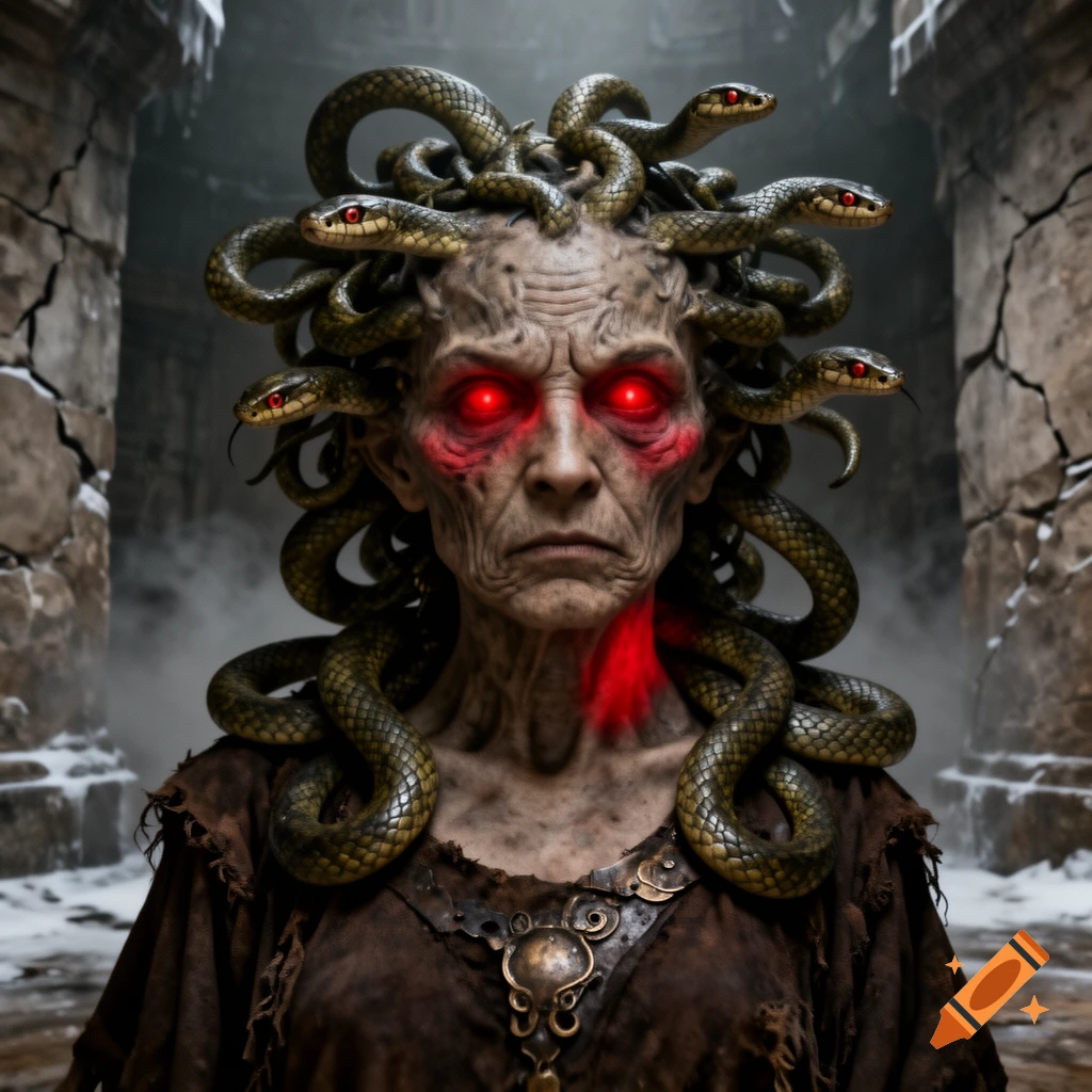 Close-up of Medusa with glowing red eyes and snakes for hair in a stone ruin, photorealistic style.