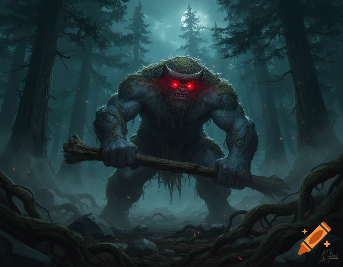 A large, muscular troll with glowing red eyes and horns stands in a dark, foggy pine forest, holding a wooden club.