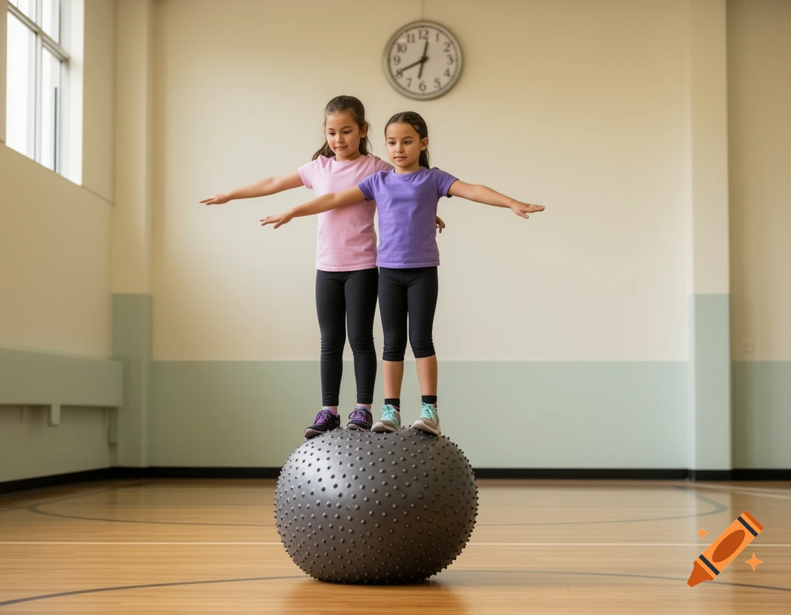 Two young girls balancing on top of a large grey exercise ball in a gymnasium with an analog clock on the wall.
