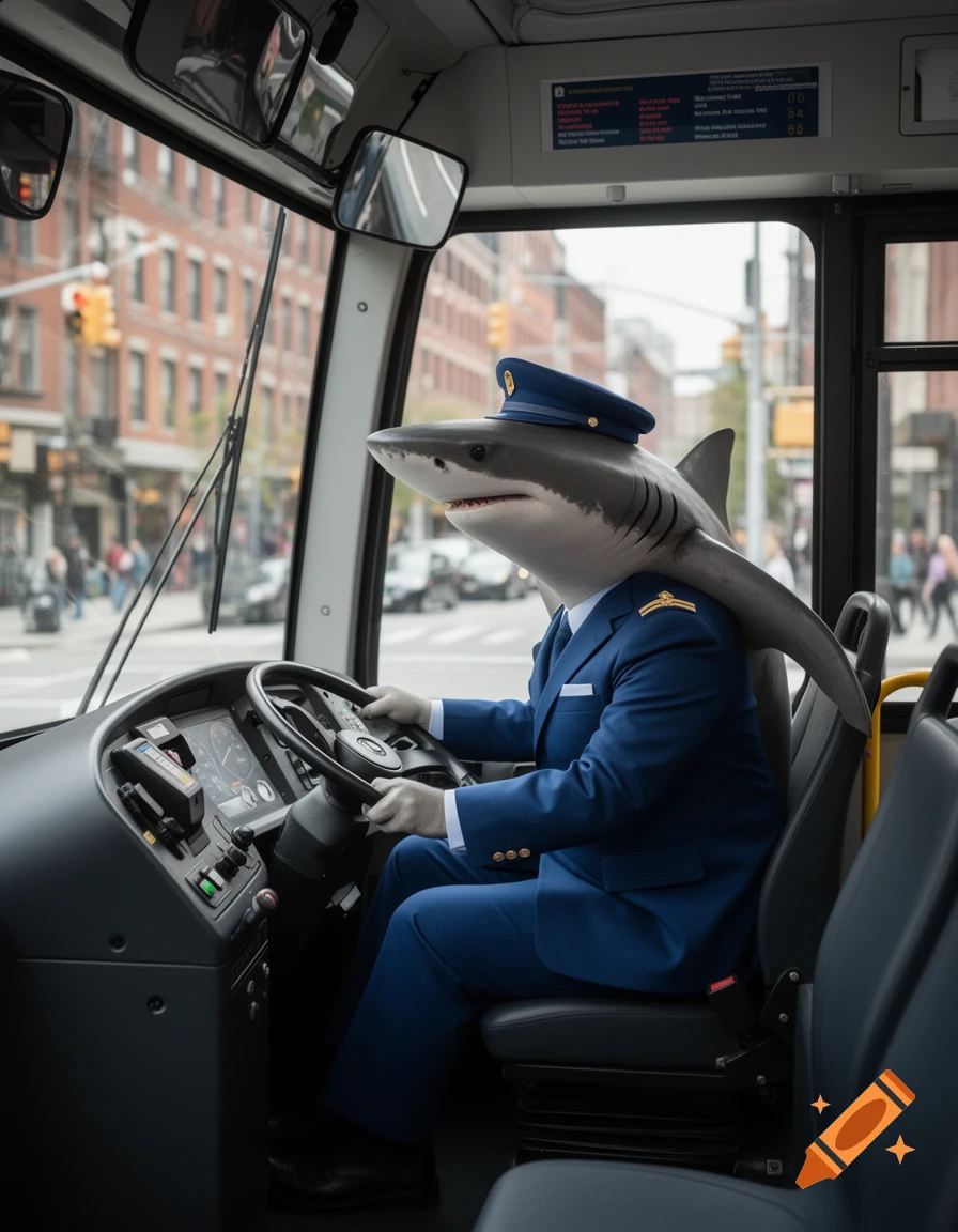 Photorealistic image of a shark with a human body in a uniform driving a city bus.