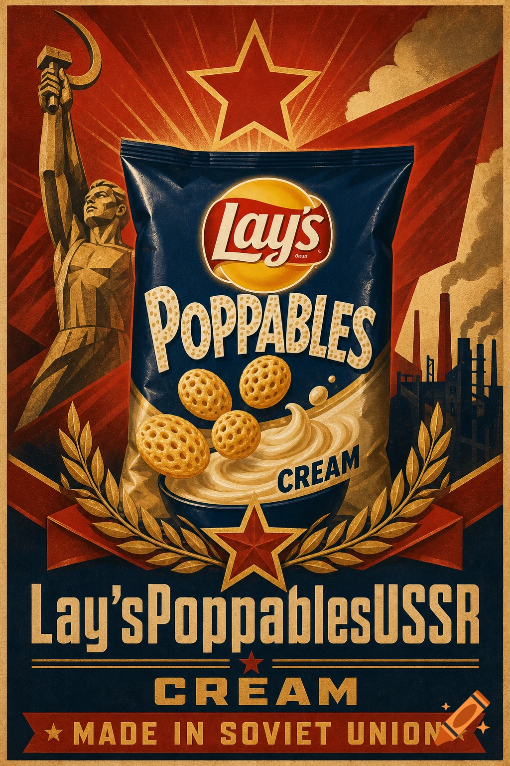 Vintage Soviet propaganda style poster featuring a bag of Lay's Poppables chips and cream with communist iconography.