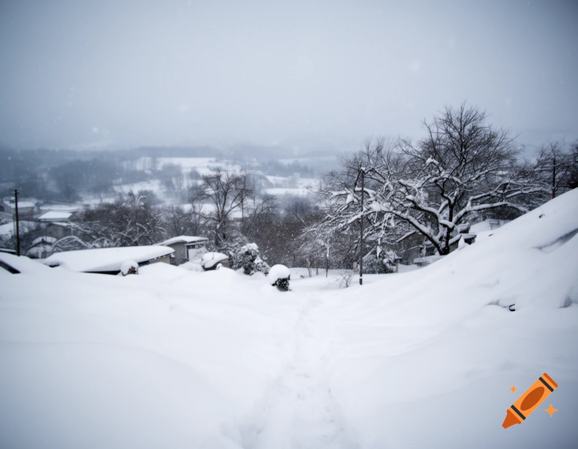 Photorealistic winter landscape with deep snow-covered ground, small houses, and bare trees under a cloudy sky.
