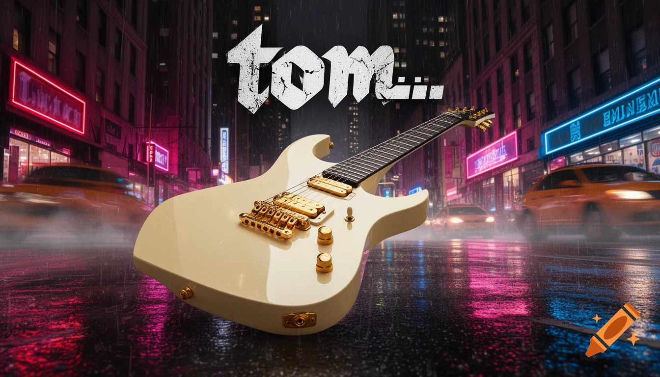 An ivory electric guitar with gold hardware resting on a wet New York street at night, with the text tom.. above it.